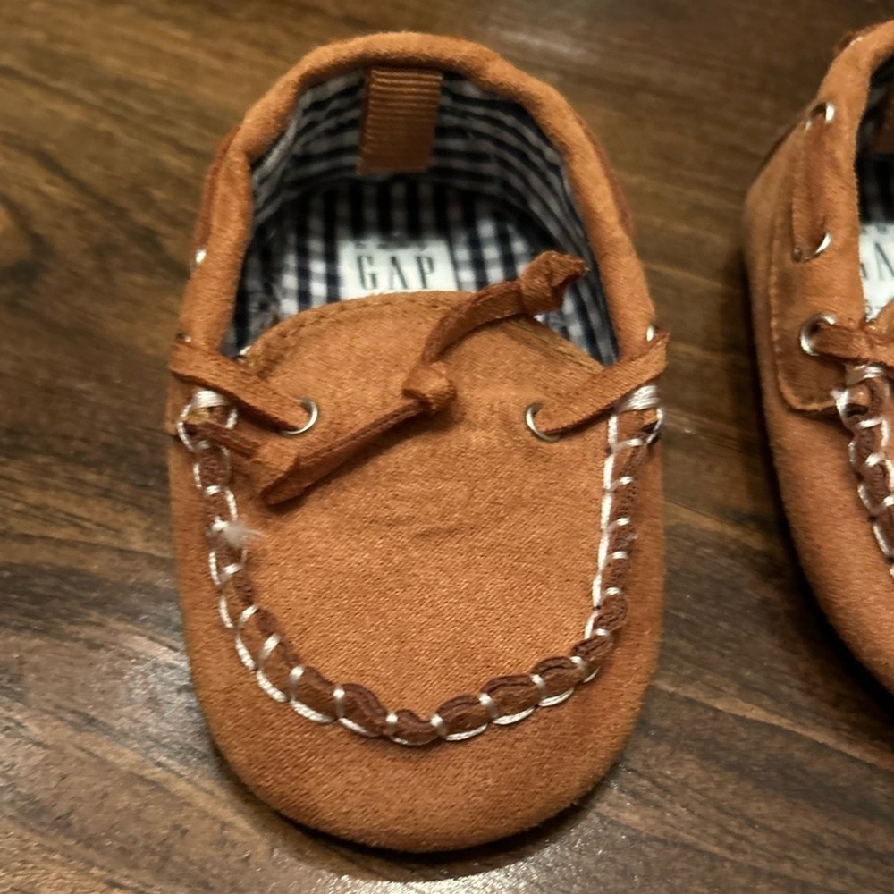 Baby Gap Moccasin Shoes Baby 6-12m Brown Excellent Faux Suede Gingham Preppy - Picture 2 of 7